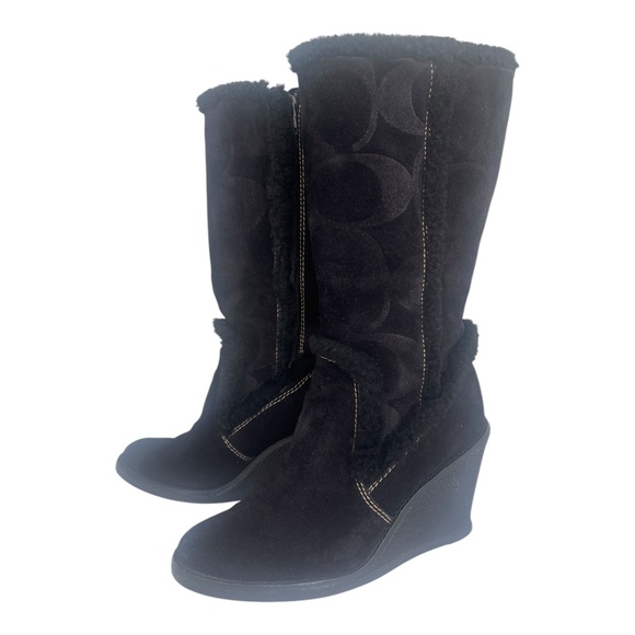 Coach Jordana Boots Women 6 M Black Suede Wedge Signature Logo Fur Trim Size 36M - Picture 4 of 14